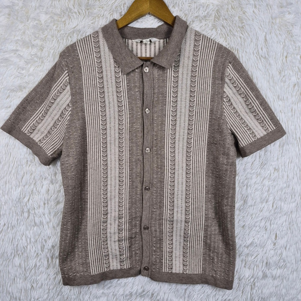 The Commons Mens L Knit Button Down Polo Sweater Taupe Cream Striped Resort Slim